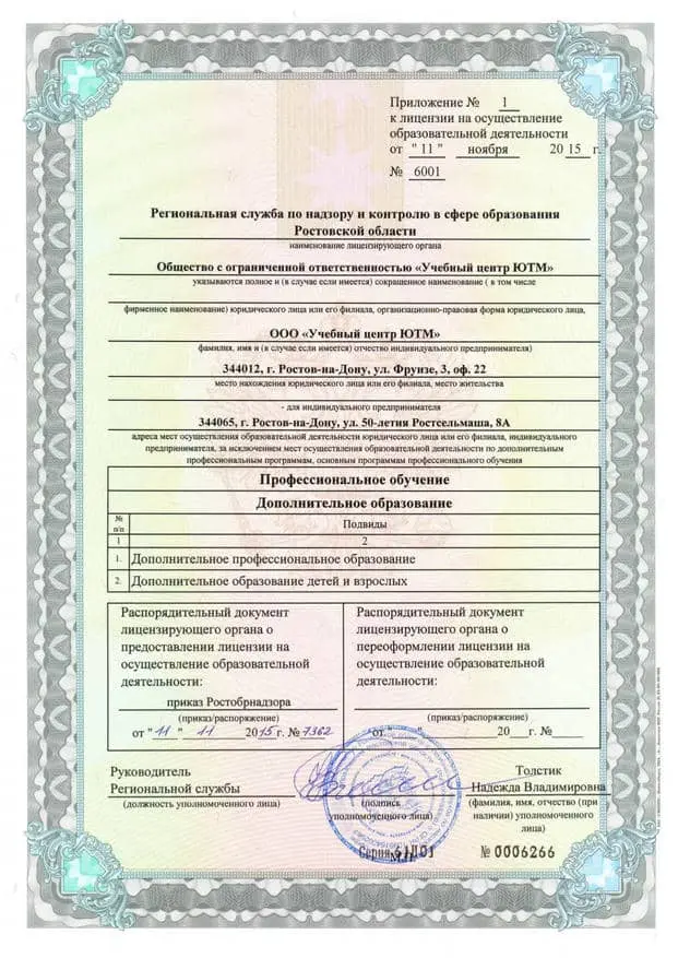 Приложение № 1 к лицензии